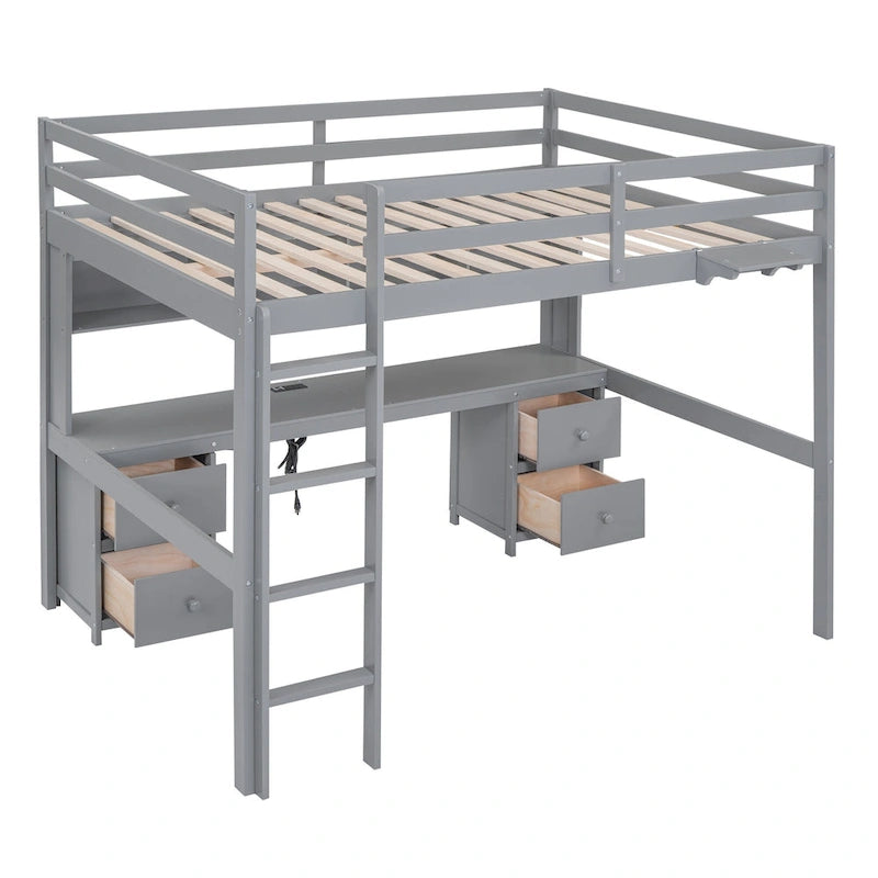 Hochbett in voller Größe mit Schreibtisch, Schubladen, Nachttischablage und Ladestation