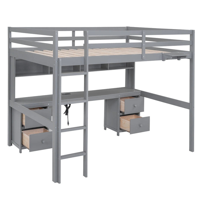 Hochbett in voller Größe mit Schreibtisch, Schubladen, Nachttischablage und Ladestation