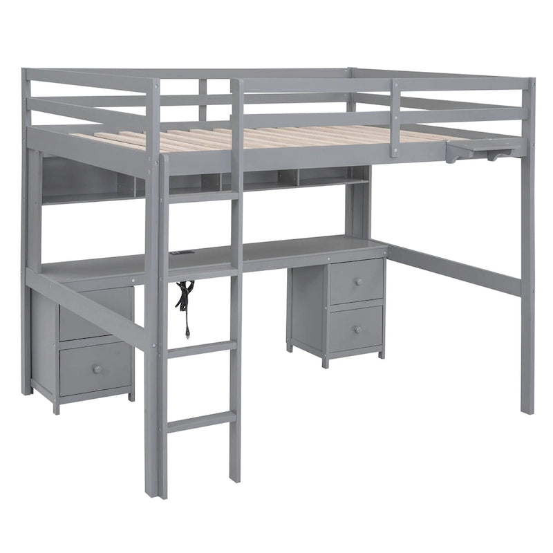 Hochbett in voller Größe mit Schreibtisch, Schubladen, Nachttischablage und Ladestation