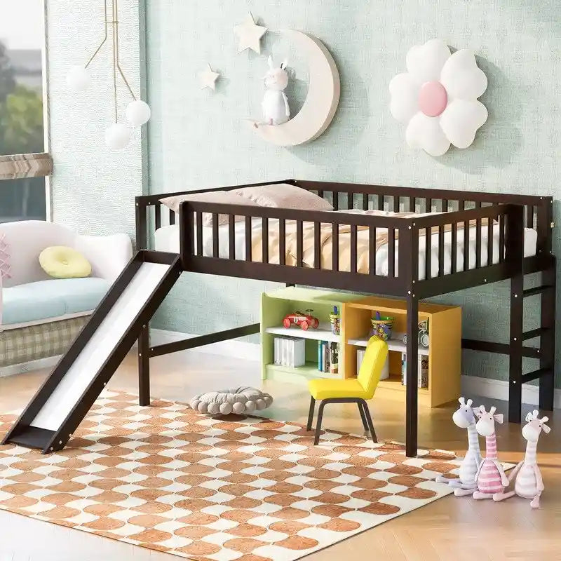 Cama alta baja matrimonial con escalera y tobogán