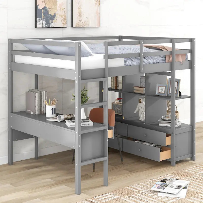 Cama alta de madera con escritorio empotrado y dos cajones