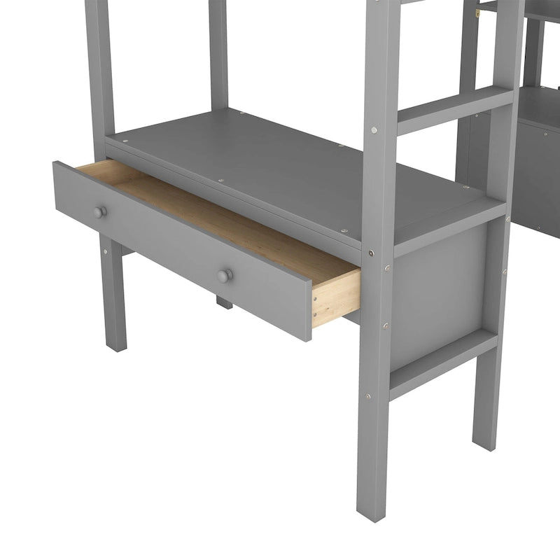 Letto a soppalco in legno con scrivania integrata e due cassetti