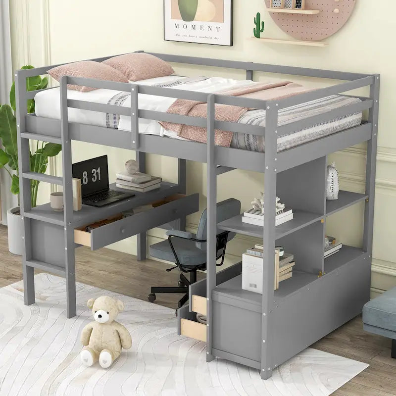 Letto a soppalco in legno con scrivania integrata e due cassetti