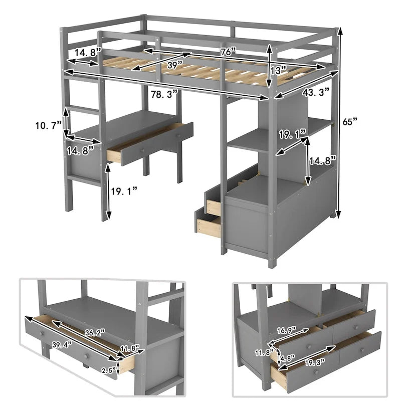 Letto a soppalco in legno con scrivania integrata e due cassetti