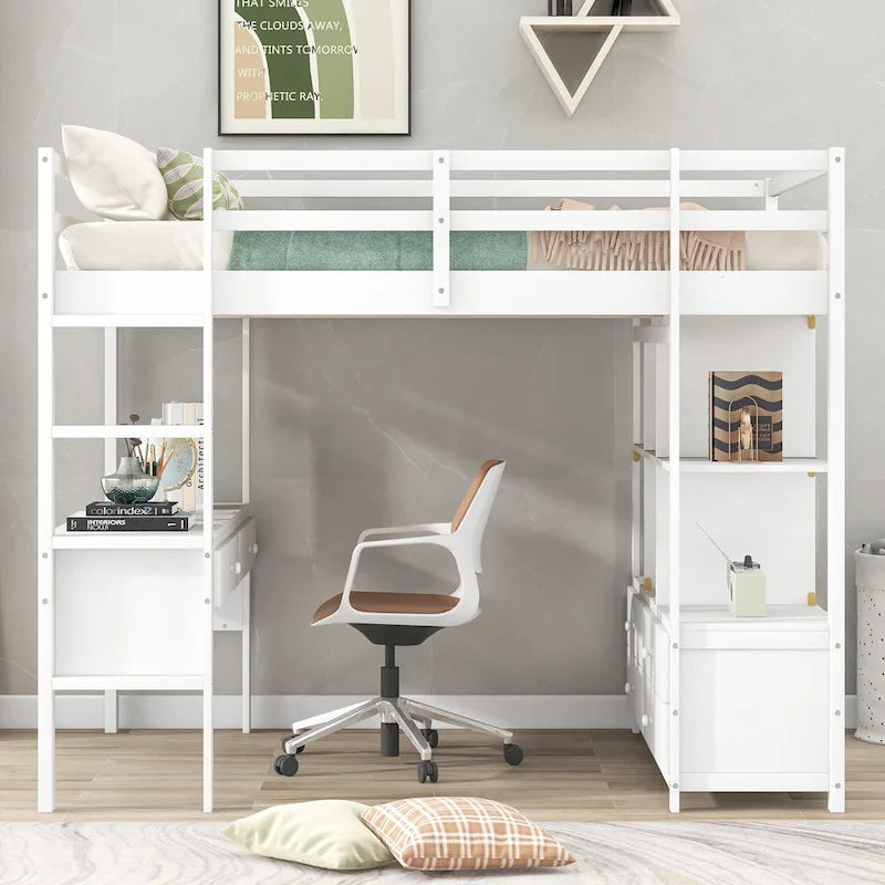 Cama alta de madera con escritorio empotrado y dos cajones