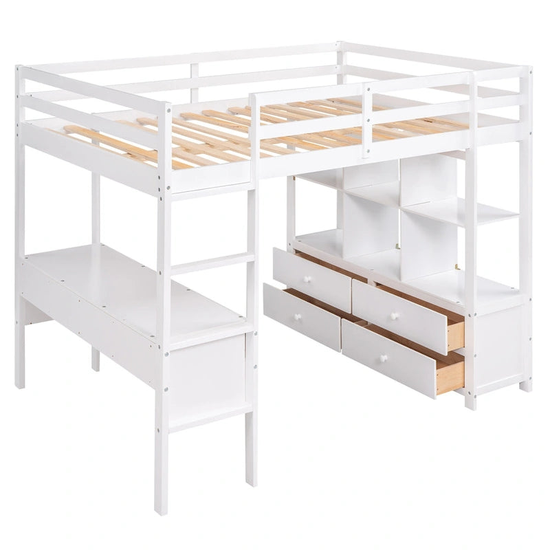 Cama alta de madera con escritorio empotrado y dos cajones