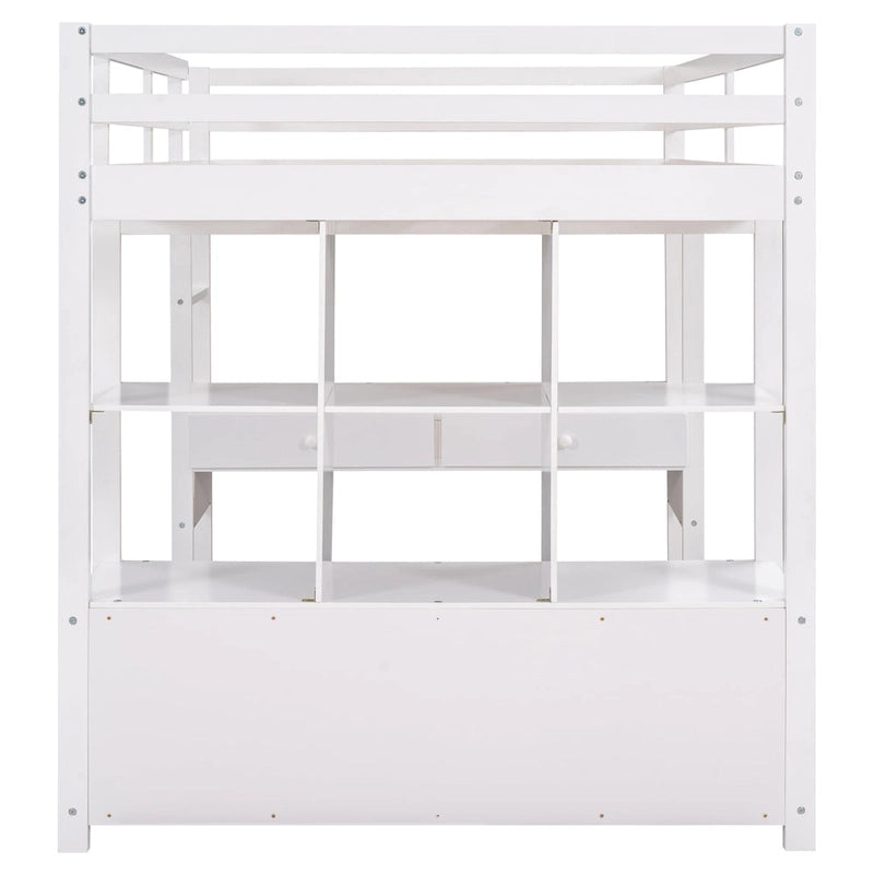 Cama alta de madera con escritorio empotrado y dos cajones