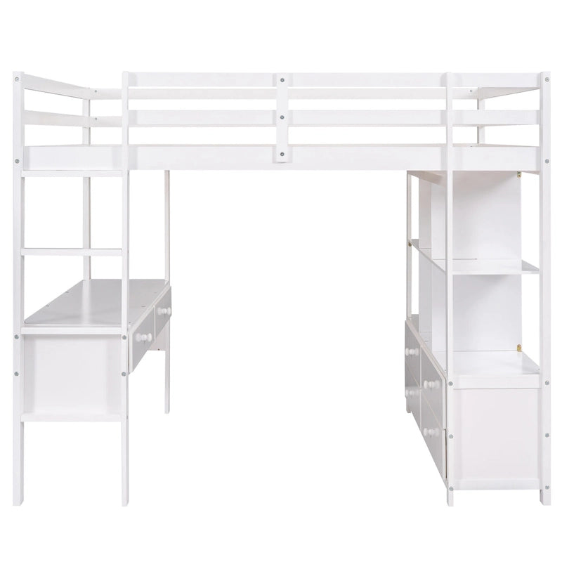 Cama alta de madera con escritorio empotrado y dos cajones