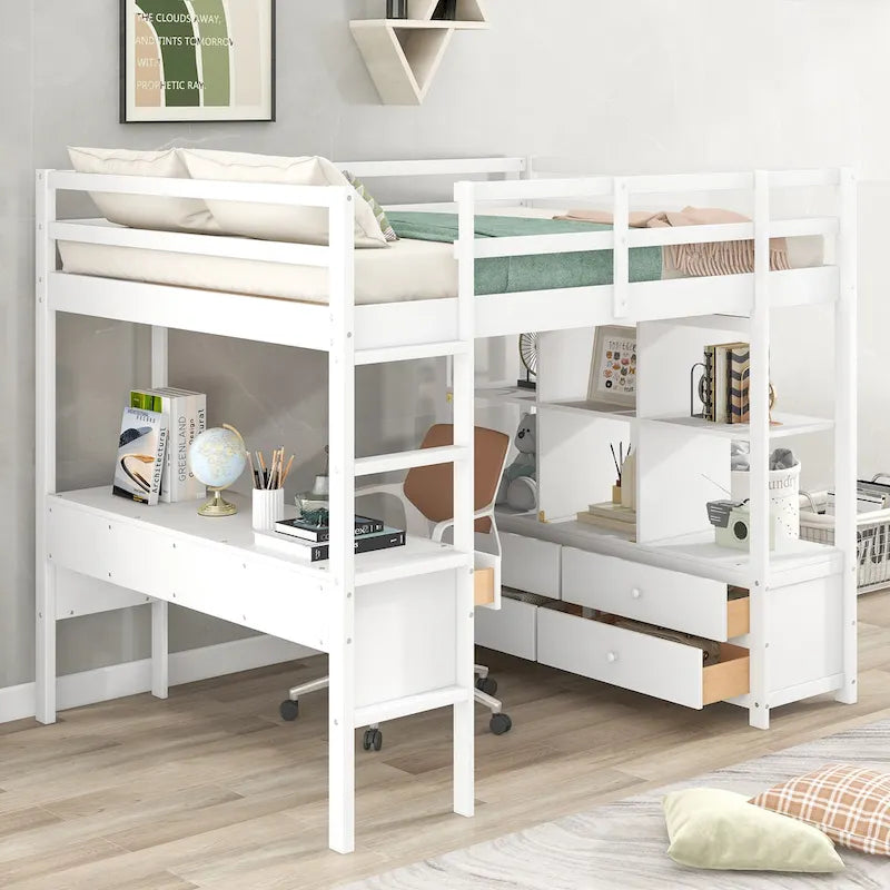 Cama alta de madera con escritorio empotrado y dos cajones