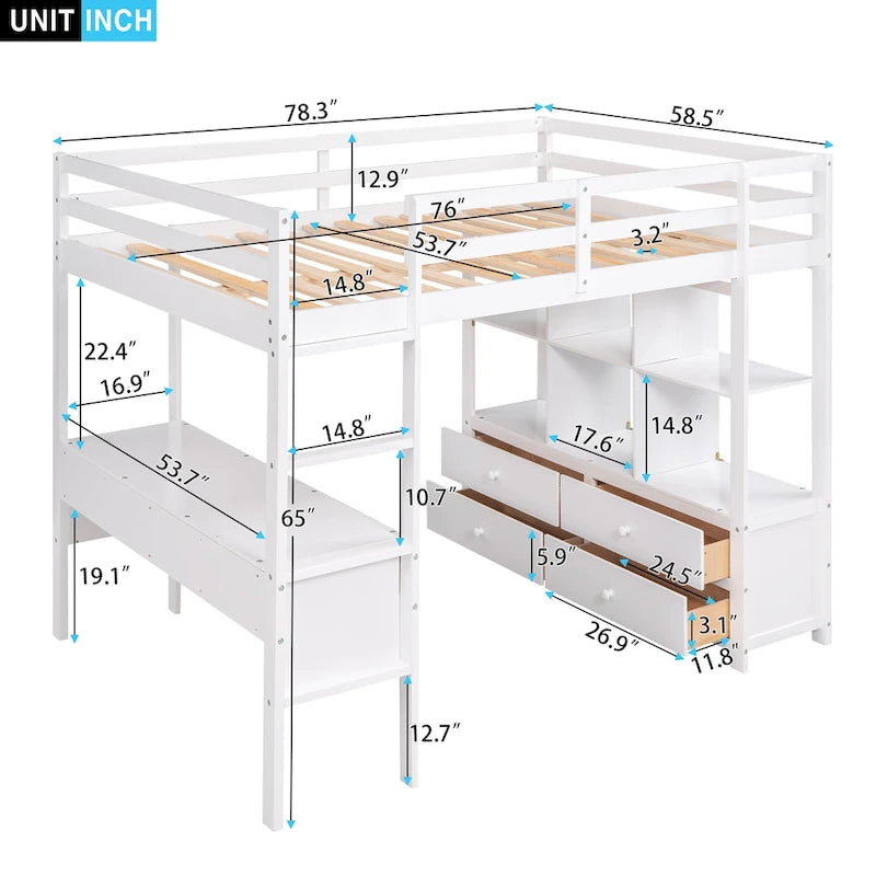 Cama alta de madera con escritorio empotrado y dos cajones