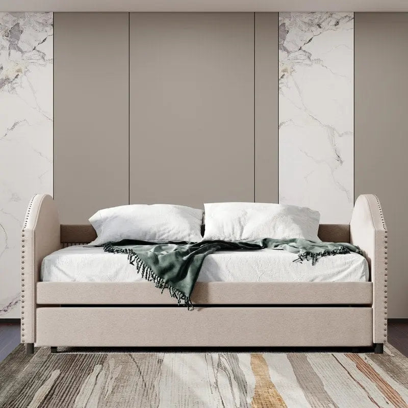 Diván con cama nido, diván tapizado de tamaño matrimonial con cama nido individual
