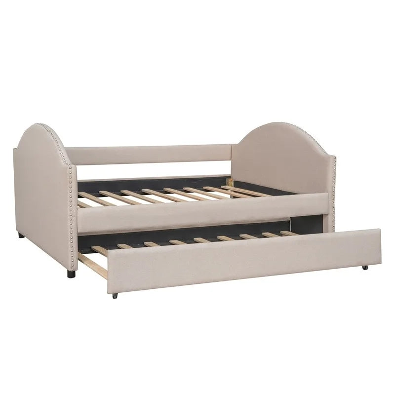 Diván con cama nido, diván tapizado de tamaño matrimonial con cama nido individual