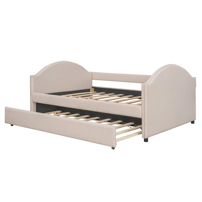 Diván con cama nido, diván tapizado de tamaño matrimonial con cama nido individual