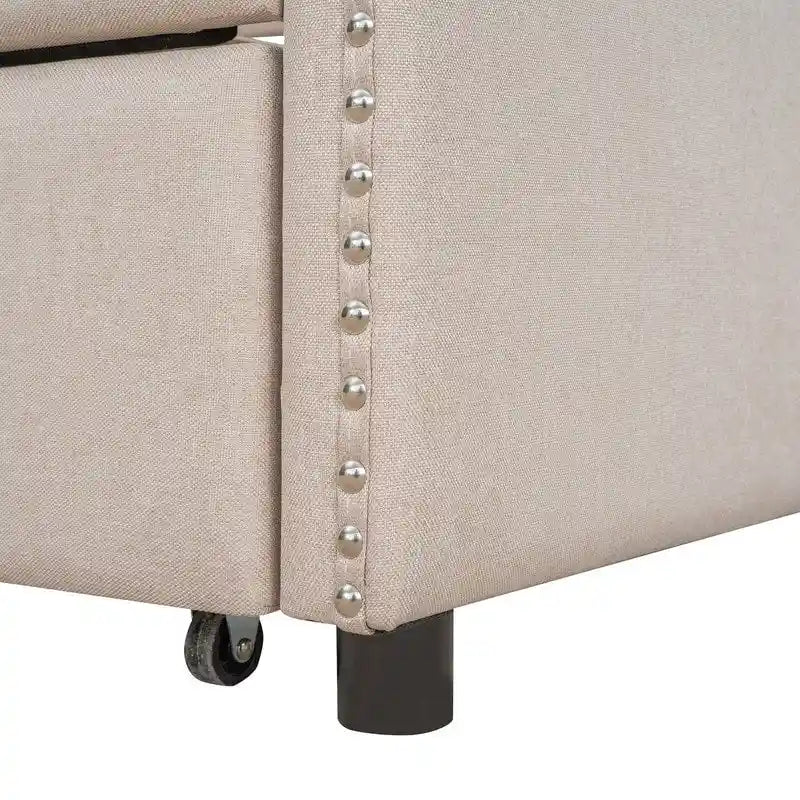 Diván con cama nido, diván tapizado de tamaño matrimonial con cama nido individual