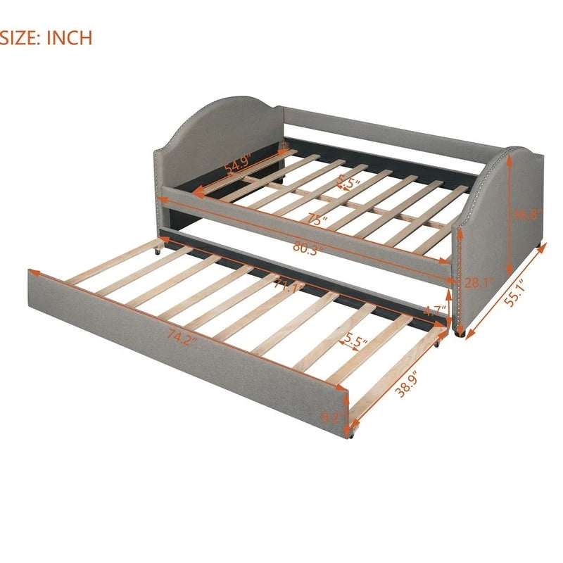 Diván con cama nido, diván tapizado de tamaño matrimonial con cama nido individual