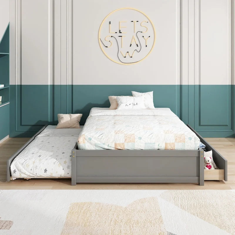 Letto matrimoniale con letto estraibile singolo e 2 cassetti