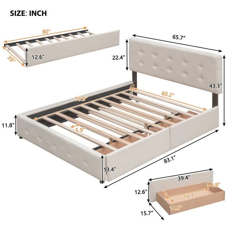 Cama tamaño queen con 2 cajones de almacenamiento y cama nido Twin XL, estructura de cama queen tapizada con cabecero capitoné