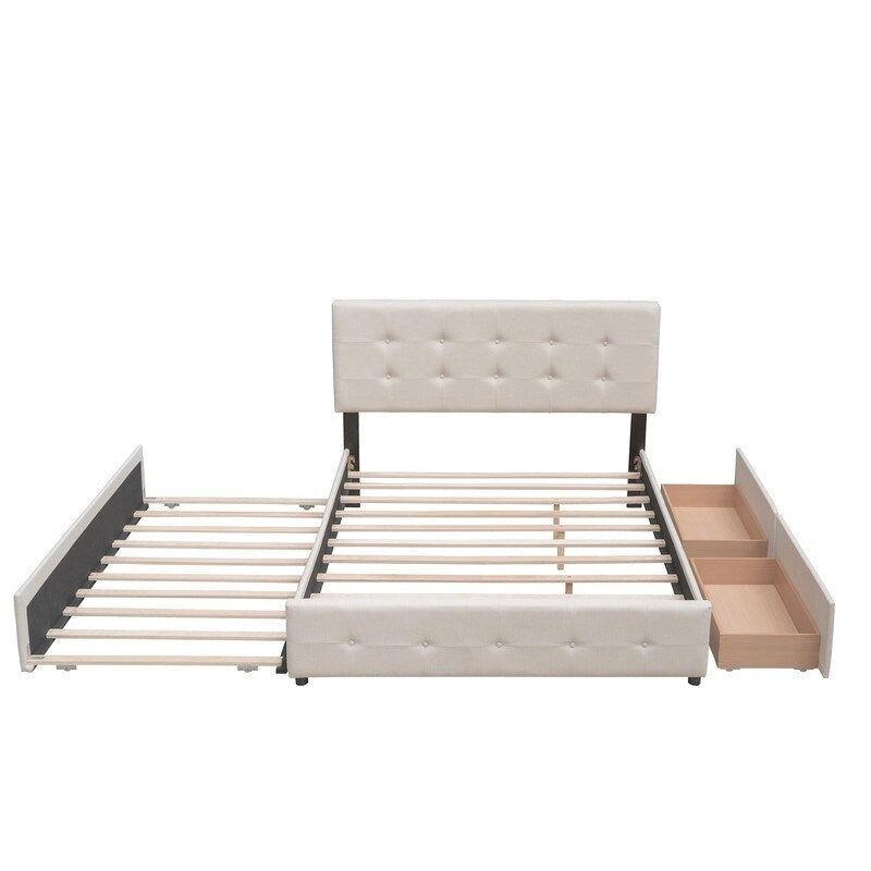Cama tamaño queen con 2 cajones de almacenamiento y cama nido Twin XL, estructura de cama queen tapizada con cabecero capitoné