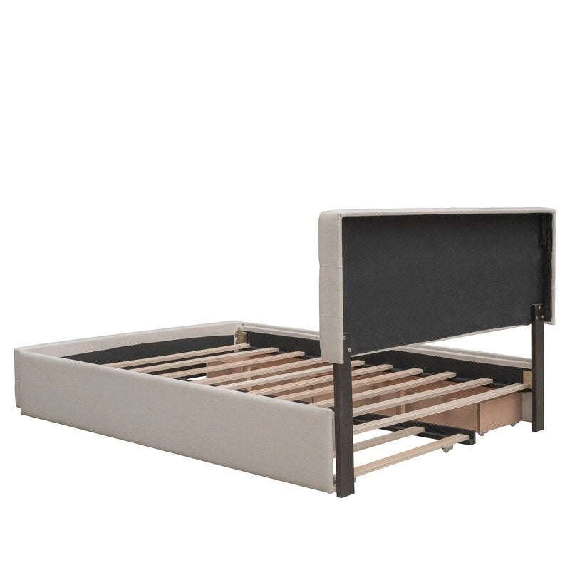 Cama tamaño queen con 2 cajones de almacenamiento y cama nido Twin XL, estructura de cama queen tapizada con cabecero capitoné