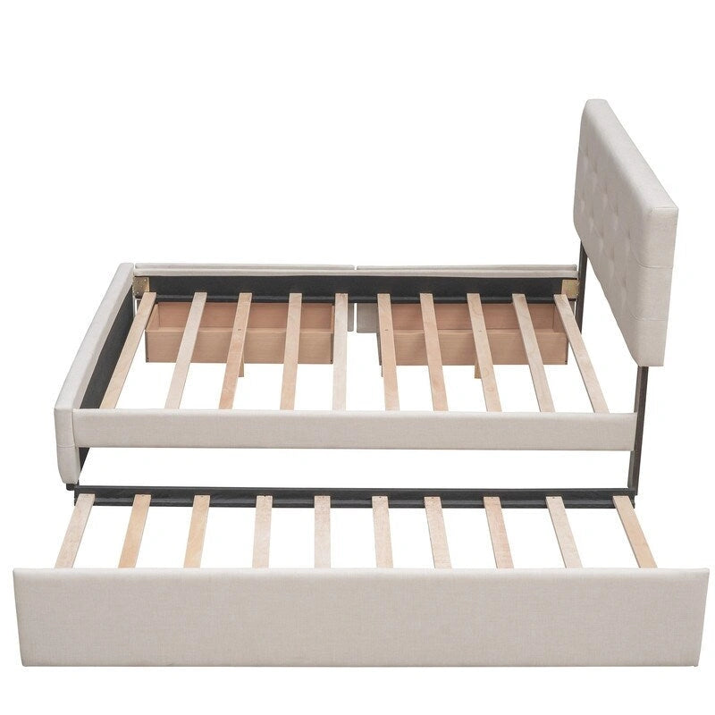 Cama tamaño queen con 2 cajones de almacenamiento y cama nido Twin XL, estructura de cama queen tapizada con cabecero capitoné