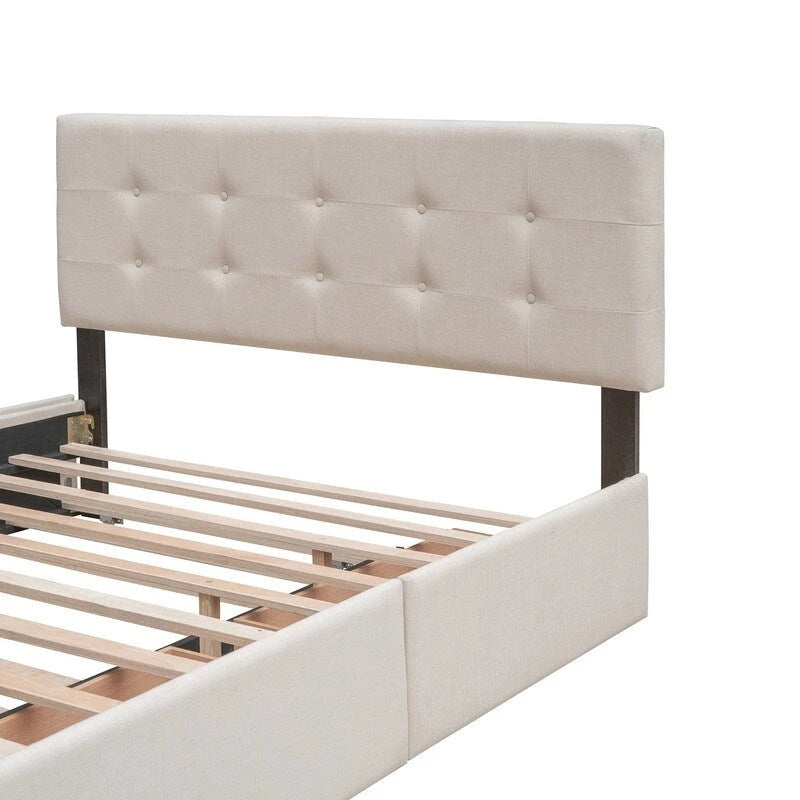 Cama tamaño queen con 2 cajones de almacenamiento y cama nido Twin XL, estructura de cama queen tapizada con cabecero capitoné