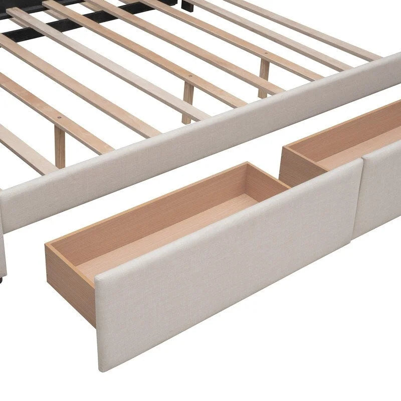 Cama tamaño queen con 2 cajones de almacenamiento y cama nido Twin XL, estructura de cama queen tapizada con cabecero capitoné