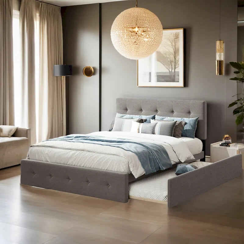 Cama tamaño queen con 2 cajones de almacenamiento y cama nido Twin XL, estructura de cama queen tapizada con cabecero capitoné