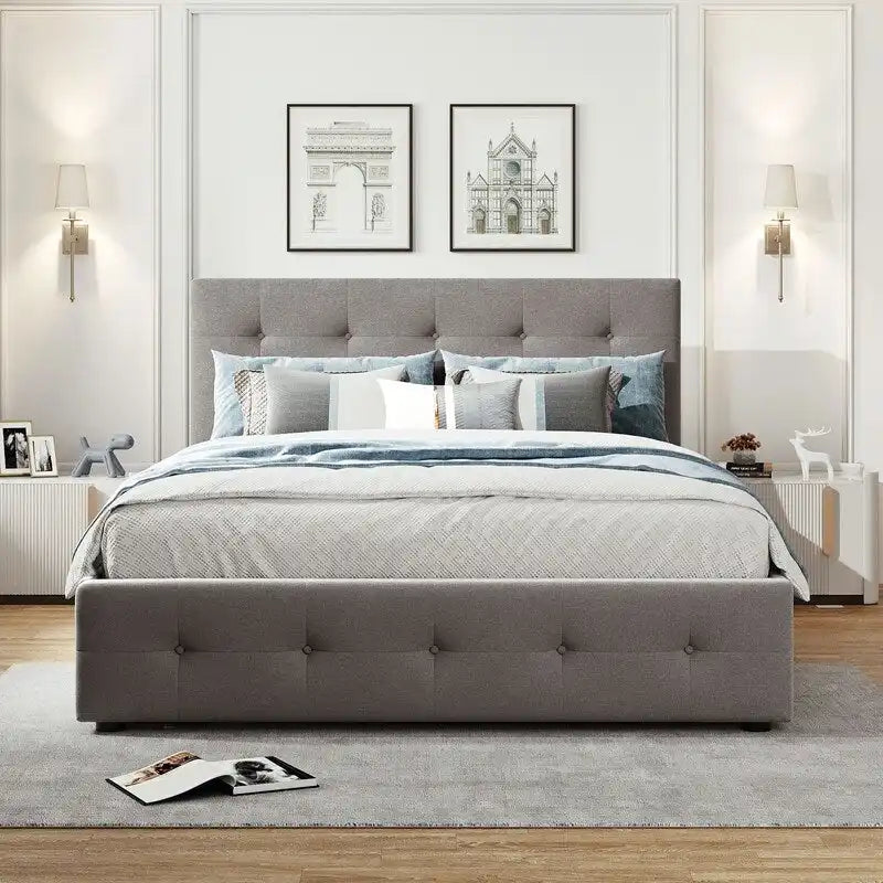 Cama tamaño queen con 2 cajones de almacenamiento y cama nido Twin XL, estructura de cama queen tapizada con cabecero capitoné