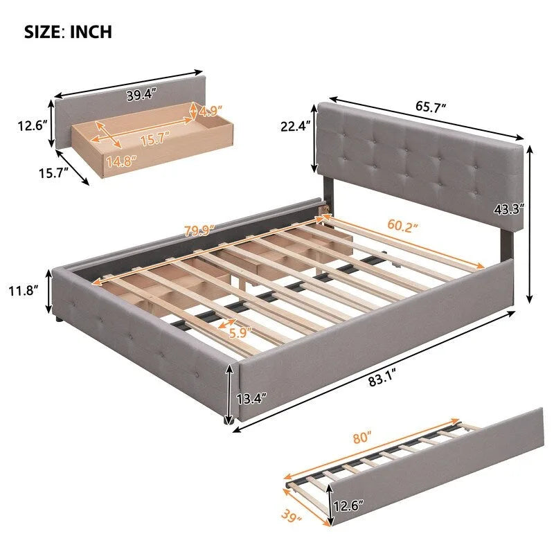 Cama tamaño queen con 2 cajones de almacenamiento y cama nido Twin XL, estructura de cama queen tapizada con cabecero capitoné