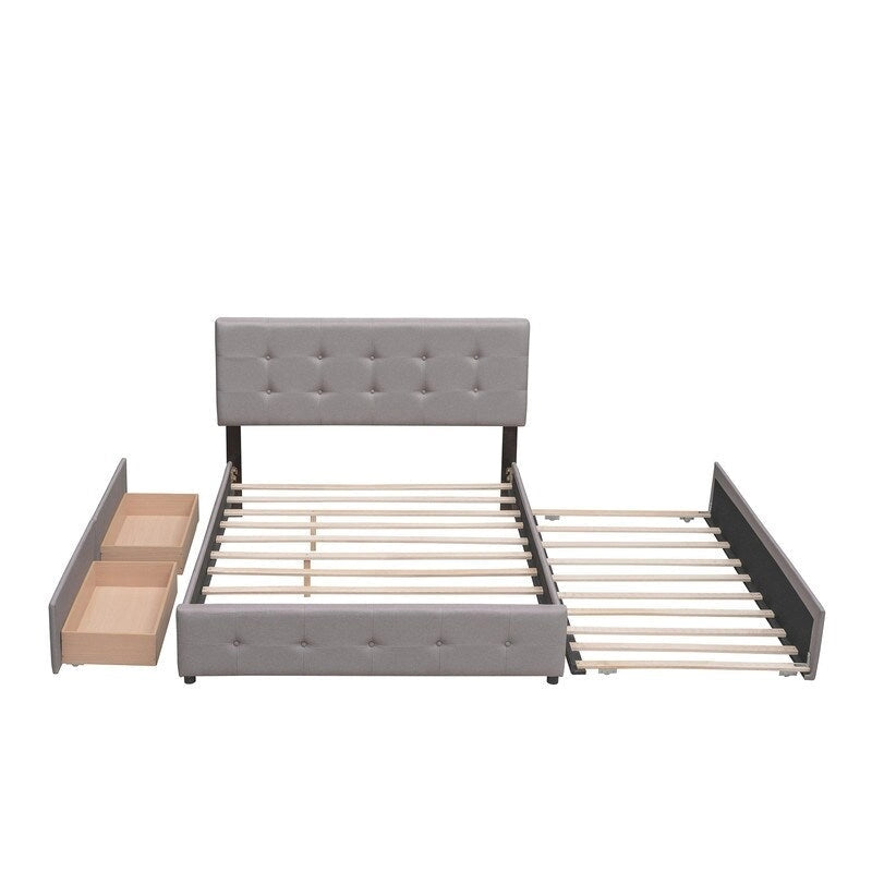 Cama tamaño queen con 2 cajones de almacenamiento y cama nido Twin XL, estructura de cama queen tapizada con cabecero capitoné