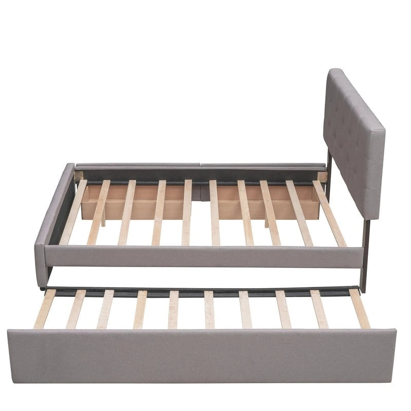 Cama tamaño queen con 2 cajones de almacenamiento y cama nido Twin XL, estructura de cama queen tapizada con cabecero capitoné