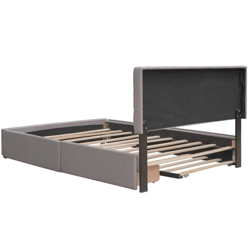 Cama tamaño queen con 2 cajones de almacenamiento y cama nido Twin XL, estructura de cama queen tapizada con cabecero capitoné