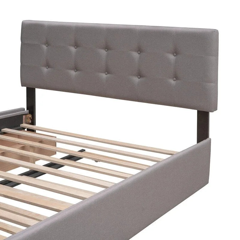 Cama tamaño queen con 2 cajones de almacenamiento y cama nido Twin XL, estructura de cama queen tapizada con cabecero capitoné