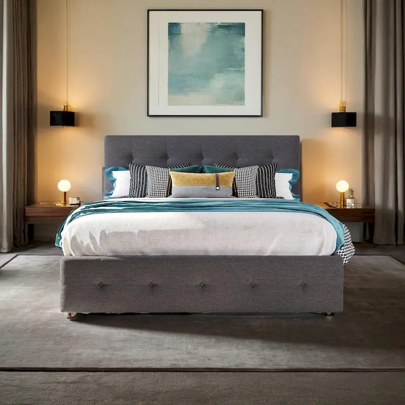 Cama tamaño queen con 2 cajones de almacenamiento y cama nido Twin XL, estructura de cama queen tapizada con cabecero capitoné