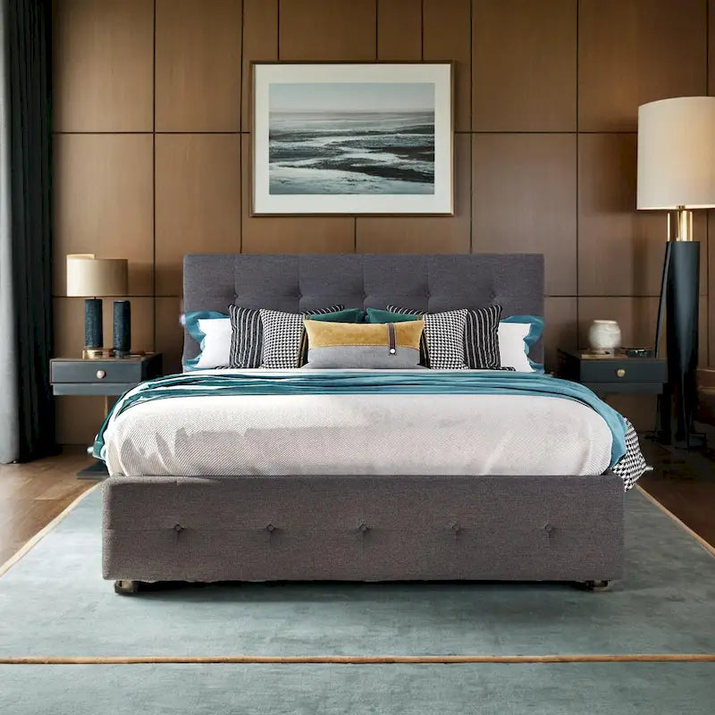 Cama tamaño queen con 2 cajones de almacenamiento y cama nido Twin XL, estructura de cama queen tapizada con cabecero capitoné