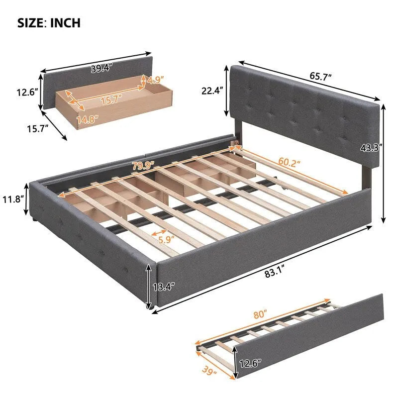 Cama tamaño queen con 2 cajones de almacenamiento y cama nido Twin XL, estructura de cama queen tapizada con cabecero capitoné