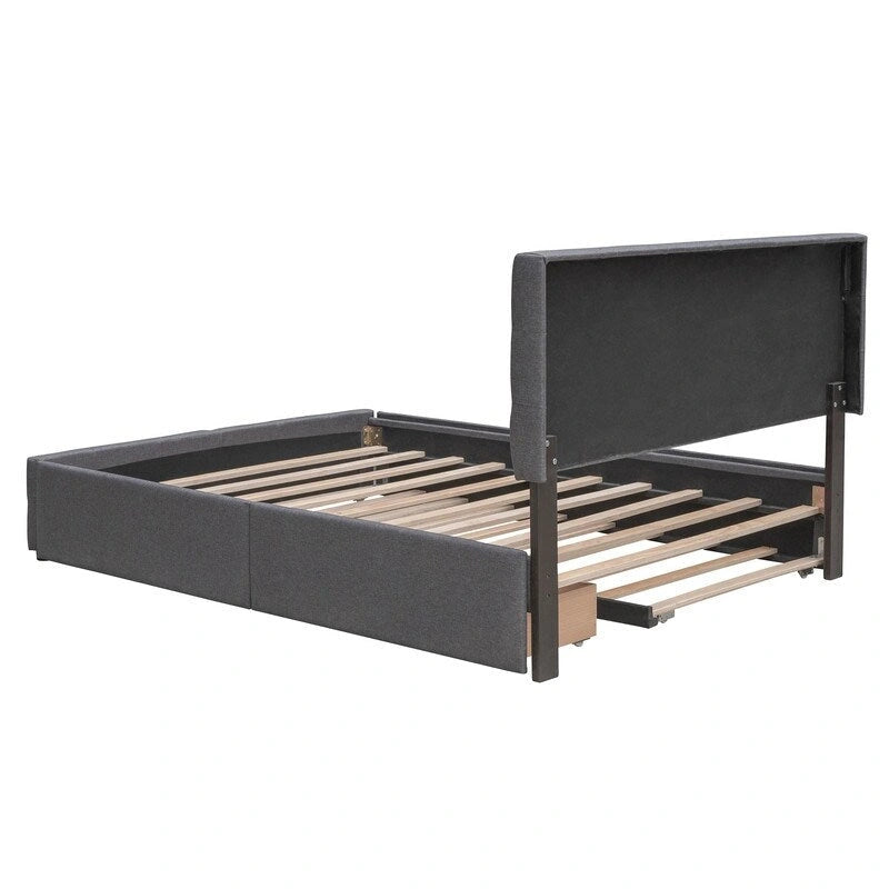 Cama tamaño queen con 2 cajones de almacenamiento y cama nido Twin XL, estructura de cama queen tapizada con cabecero capitoné