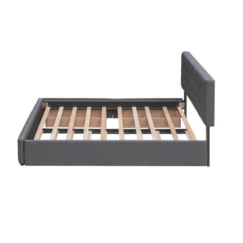 Cama tamaño queen con 2 cajones de almacenamiento y cama nido Twin XL, estructura de cama queen tapizada con cabecero capitoné