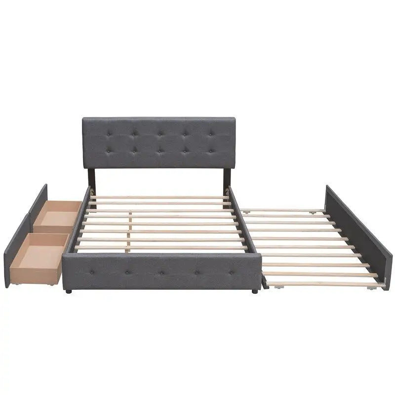 Cama tamaño queen con 2 cajones de almacenamiento y cama nido Twin XL, estructura de cama queen tapizada con cabecero capitoné