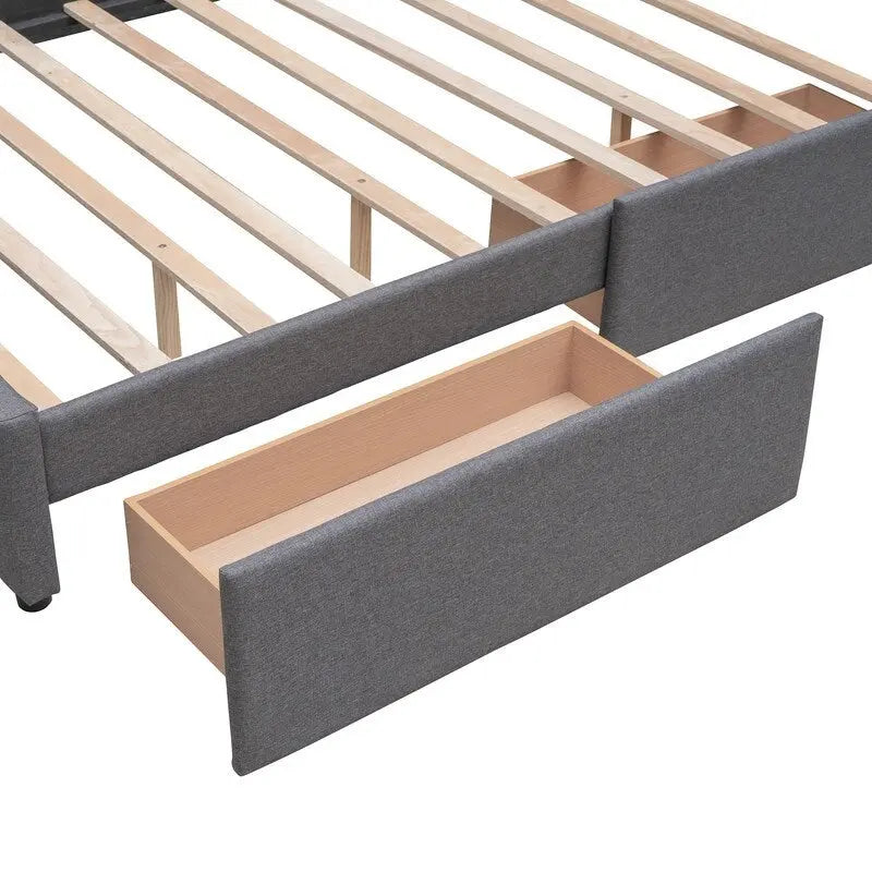 Cama tamaño queen con 2 cajones de almacenamiento y cama nido Twin XL, estructura de cama queen tapizada con cabecero capitoné