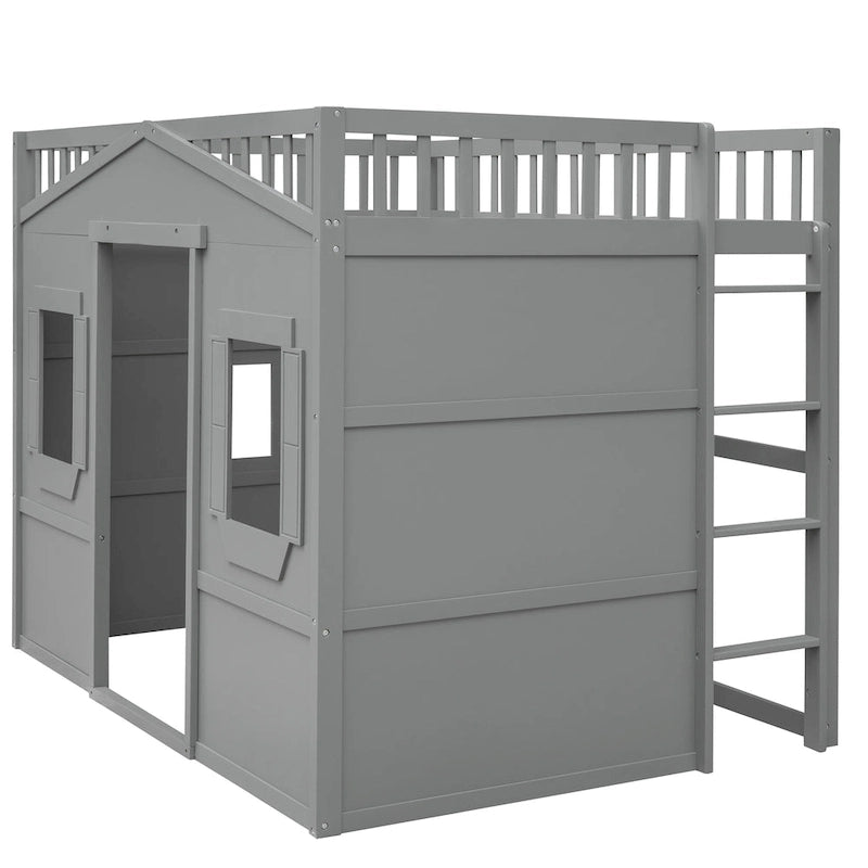 Cama alta tipo casa tamaño Full con escalera - gris