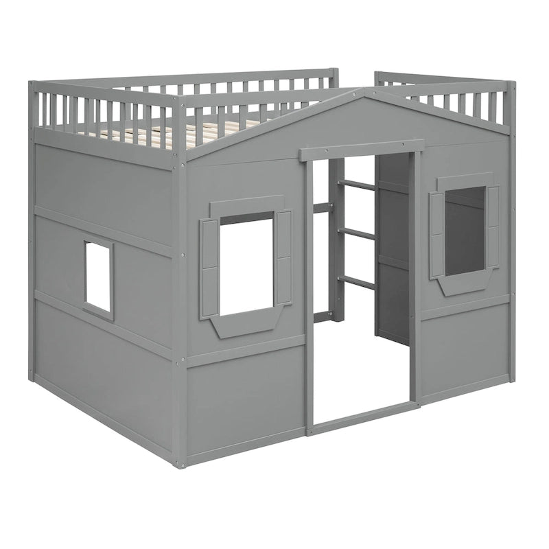 Cama alta tipo casa tamaño Full con escalera - gris