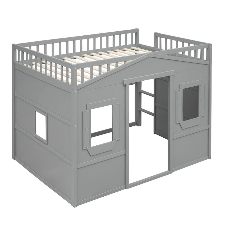 Cama alta tipo casa tamaño Full con escalera - gris