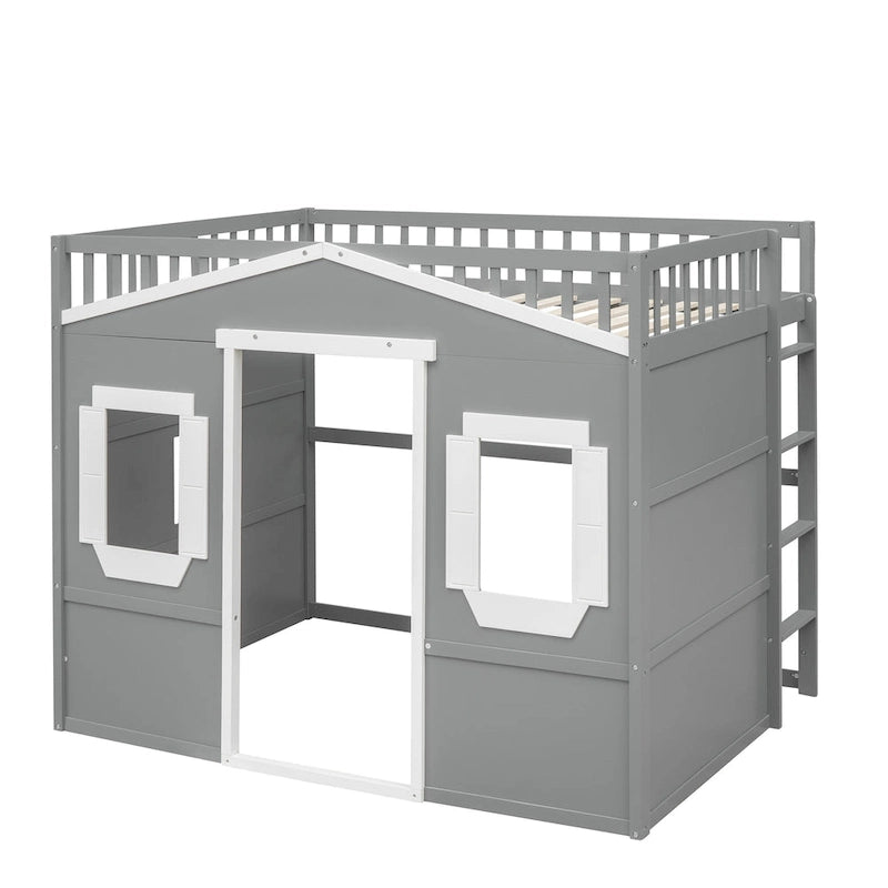 Cama alta tipo casa tamaño Full con escalera - gris