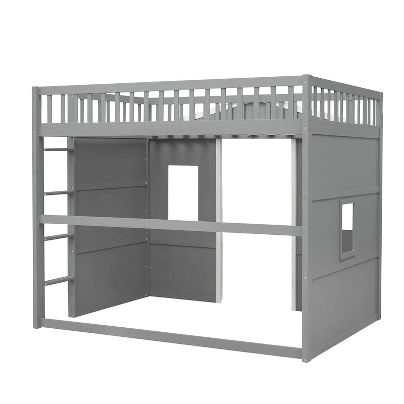 Cama alta tipo casa tamaño Full con escalera - gris
