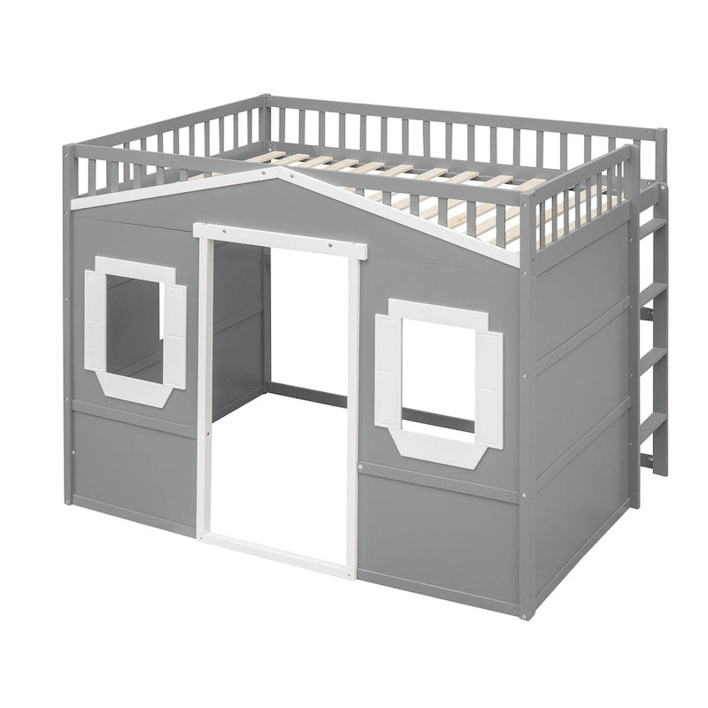 Cama alta tipo casa tamaño Full con escalera - gris
