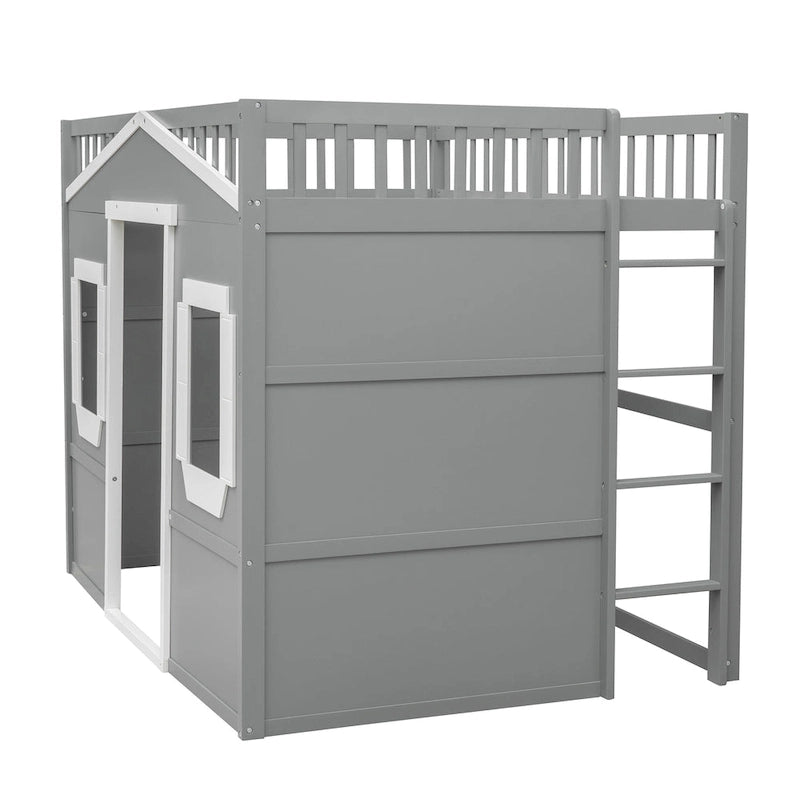 Cama alta tipo casa tamaño Full con escalera - gris