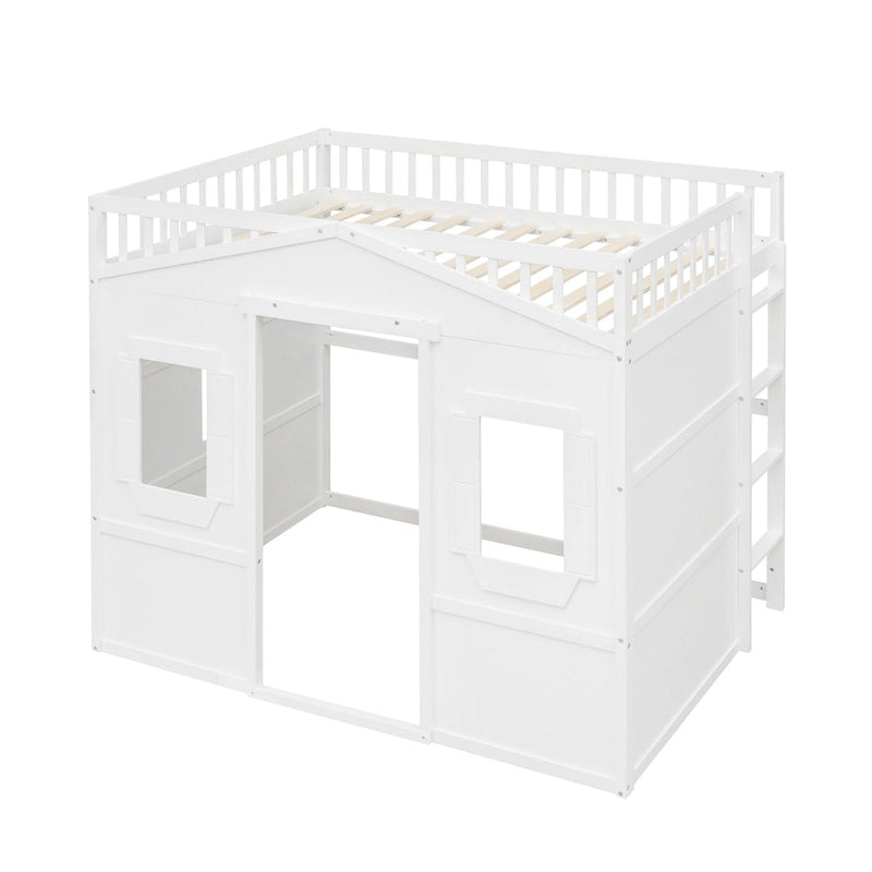 Cama alta tipo casa tamaño Full con escalera - gris