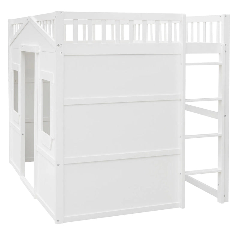 Cama alta tipo casa tamaño Full con escalera - gris