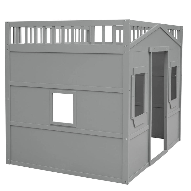 Cama alta tipo casa tamaño Full con escalera - gris